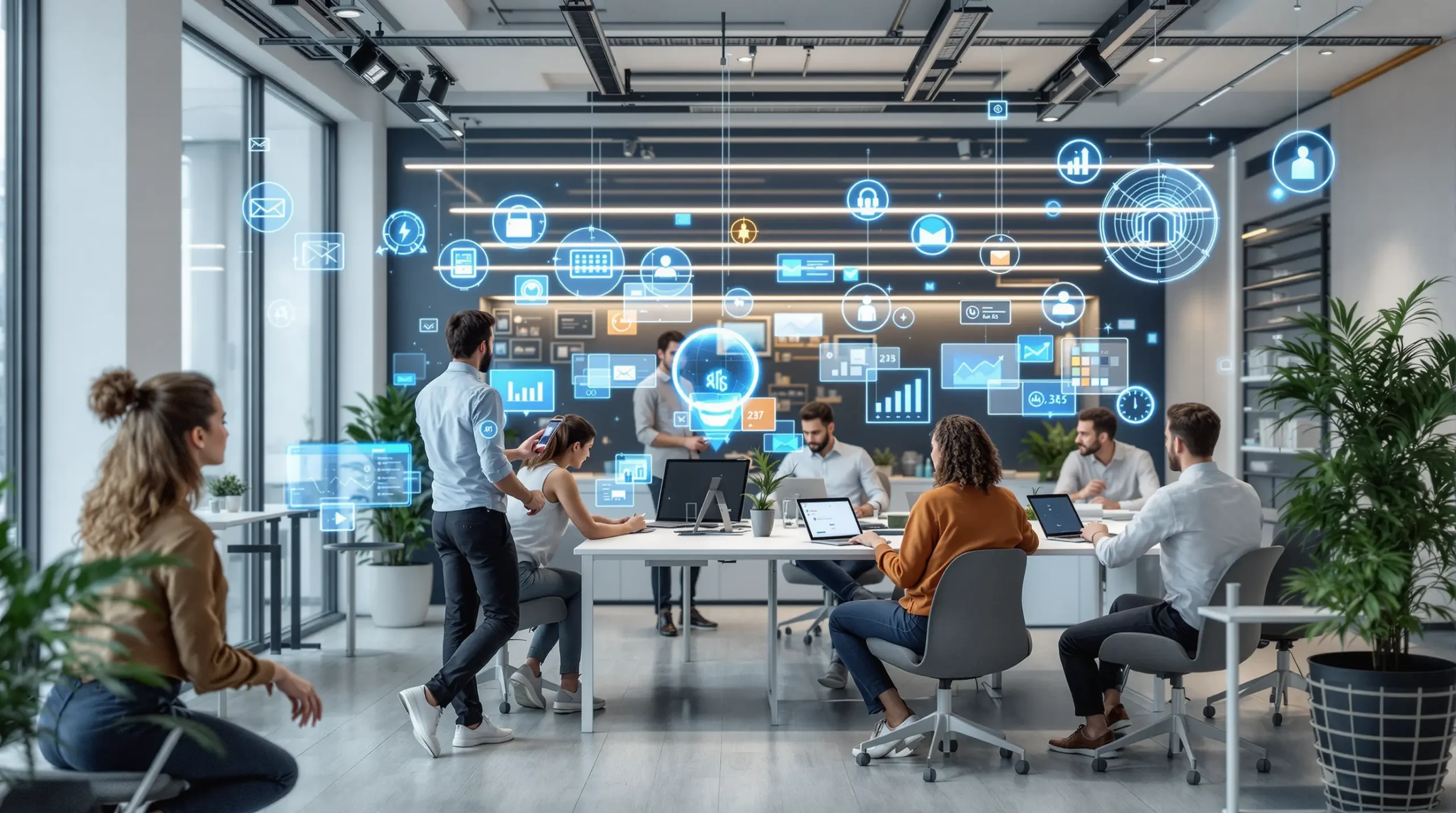 A modern small business office with a diverse team collaborating while AI-powered digital assistants appear as holograms or floating icons helping with tasks like emails, scheduling, and analytics dashboards. Clean, professional, futuristic atmosphere.