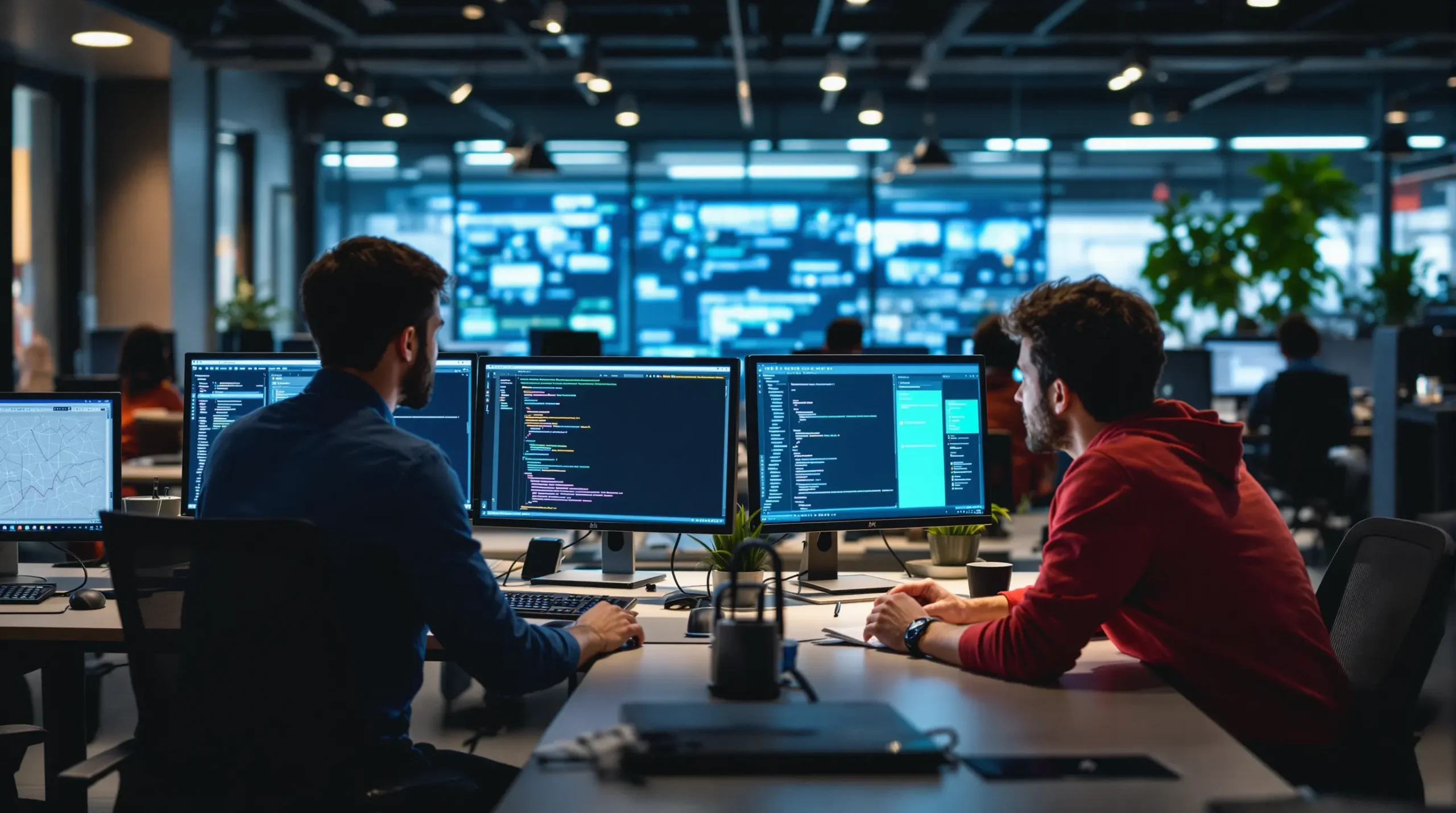 Professional developers building AI software in a modern tech office, with computer screens displaying neural networks, graphs, and code — global collaboration atmosphere offering ai development solutions.