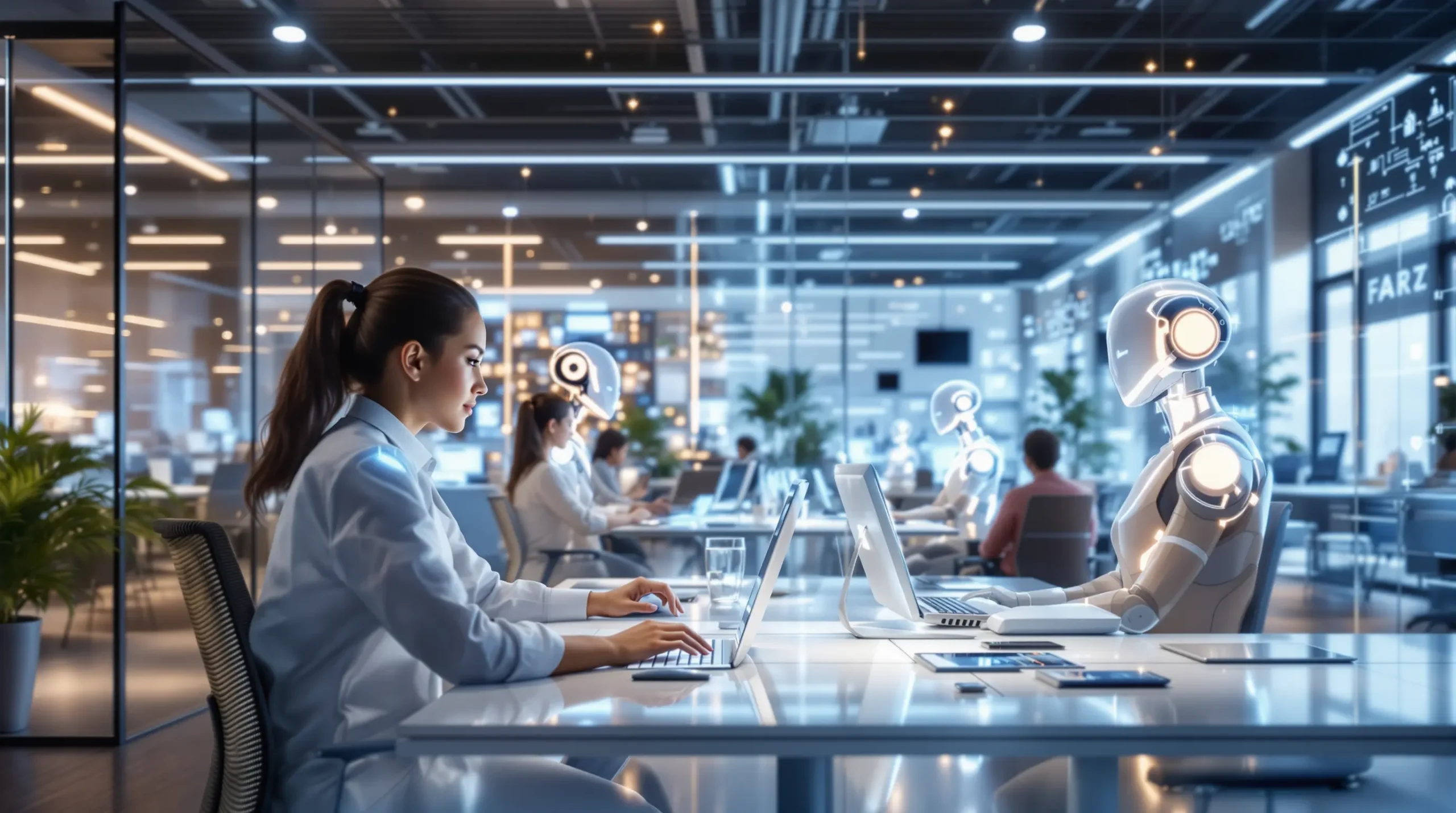 A modern office scene in 2025, where human employees and futuristic AI holograms or digital avatars work side by side at desks and in meeting rooms. The AI coworkers appear as friendly, glowing digital figures using computers, collaborating with humans on business tasks. The workspace is high-tech, with transparent screens and cloud-connected devices, reflecting a seamless integration of AI into everyday work.