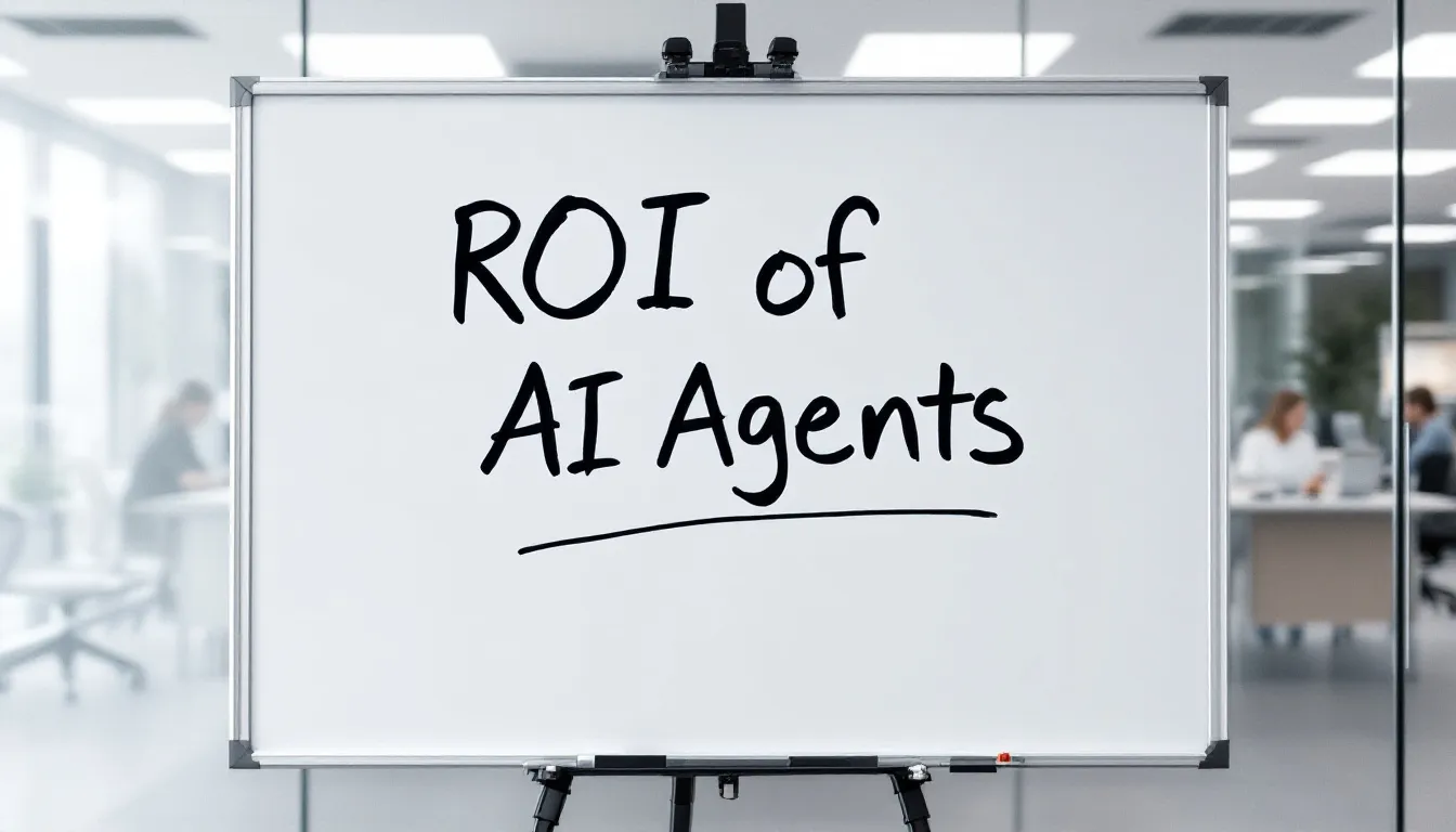 a sign in the middle of a office on a whiteboard "ROI of AI Agents"